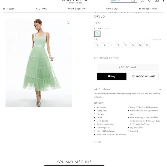 Alice + Olivia Chara Scoop Neck Green Tulle Midi Dress - Picture 3 of 16